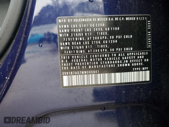 2021 Volkswagen Tiguan S with VIN 3VV1B7AX7MM065841, listed as a Copart auction lot 43815795 with 64,454 mi miles and Salvage title. Bid and sale history available at DreamBid. Image 14.