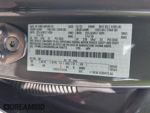 2024 Ford Escape Active with VIN 1FMCU9GN0RUA10973, listed as a IAAI auction lot 41928914 with 13,052 mi miles and . Bid and sale history available at DreamBid. Image 9.