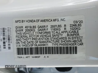 2020 Honda Accord with VIN 1HGCV3F19LA009411, listed as a Copart auction lot 45215105 with 59,328 mi miles and Salvage Title. Bid and sale history available at DreamBid. Image 13.