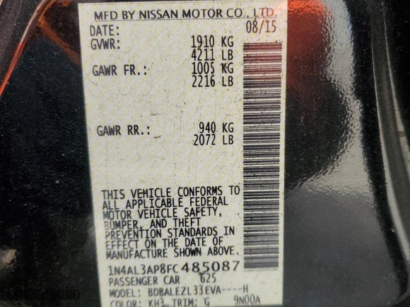 2015 Nissan Altima 2.5 with VIN 1N4AL3AP8FC485087, listed as a Copart auction lot 52413935 with 117,288 mi miles and Salvage Title. Bid and sale history available at carsss.com. Image 12.