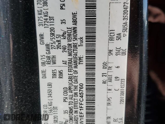 2015 Ford F-150 XLT with VIN 1FTEW1EF1FFC45760, listed as a Copart auction lot 46503515 with 0 mi miles and Non Repairable. Bid and sale history available at carsss.com. Image 13.