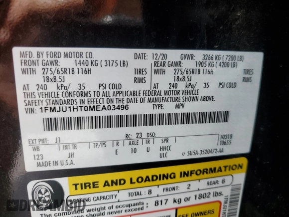 2021 Ford Expedition XLT with VIN 1FMJU1HT0MEA03496, listed as a Copart auction lot 57911685 with 96,462 mi miles and Salvage title. Bid and sale history available at DreamBid. Image 14.