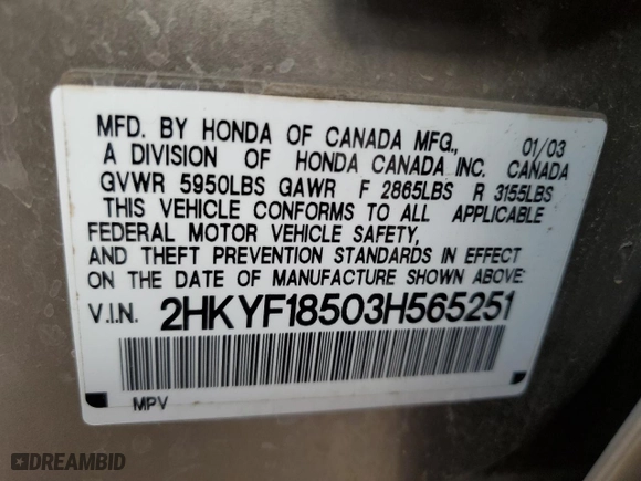 2003 Honda Pilot EX with VIN 2HKYF18503H565251, listed as a Copart auction lot 47386935 with 237,919 mi miles and Clean Title. Bid and sale history available at carsss.com. Image 13.