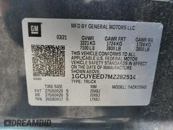 2021 Chevrolet Silverado 1500 RST with VIN 1GCUYEED7MZ282514, listed as a Copart auction lot 49094005 with 48,946 mi miles and Salvage Title. Bid and sale history available at DreamBid. Image 12.