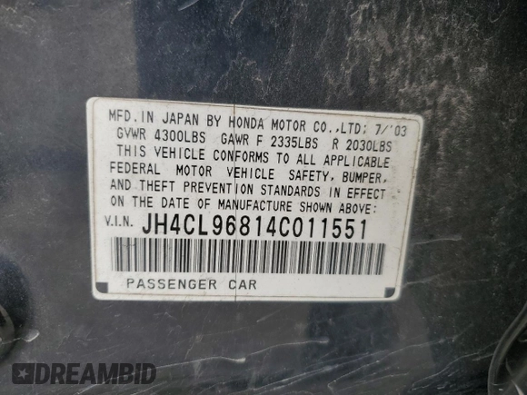 2004 Acura TSX with VIN JH4CL96814C011551, listed as a Copart auction lot 45917975 with 289,921 mi miles and Salvage Title. Bid and sale history available at carsss.com. Image 12.