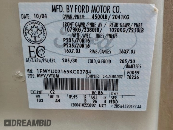 2005 Ford Escape XLT with VIN 1FMYU03165KC03784, listed as a Copart auction lot 64299225 with 185,033 mi miles and Salvage title. Bid and sale history available at DreamBid. Image 13.