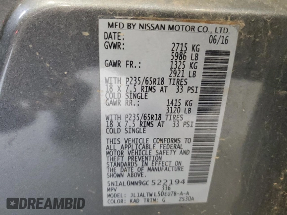2016 Infiniti QX60 with VIN 5N1AL0MN9GC522194, listed as a Copart auction lot 47462445 with 145,541 mi miles and Salvage Title. Bid and sale history available at DreamBid. Image 14.