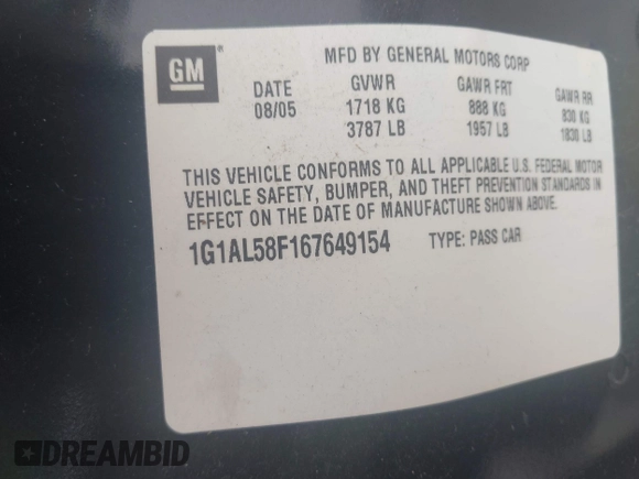 2006 Chevrolet Cobalt LT z VIN 1G1AL58F167649154, wystawiony jako IAAI lot #42305888 z przebiegiem 125 697 mil mil oraz . Historia ofert i sprzedaży dostępna na DreamBid. Obrazek 9.