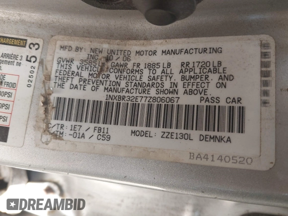 2007 Toyota Corolla CE with VIN 1NXBR32E77Z806067, listed as a IAAI auction lot 42243213 with 247,821 mi miles and . Bid and sale history available at DreamBid. Image 9.