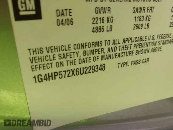 2006 Buick Lucerne CX with VIN 1G4HP572X6U229348, listed as a IAAI auction lot 41762309 with 186,944 mi miles and . Bid and sale history available at DreamBid. Image 9.