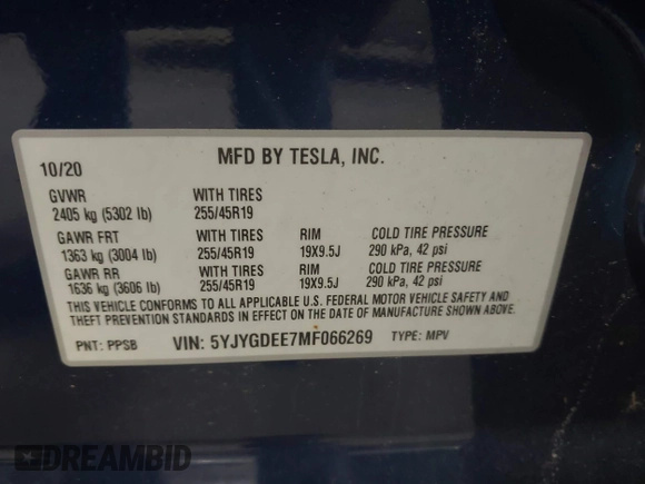 2021 Tesla Model Y Long Range with VIN 5YJYGDEE7MF066269, listed as a IAAI auction lot 42170970 with 70,170 mi miles. Bid and sale history available at carsss.com. Image 9.