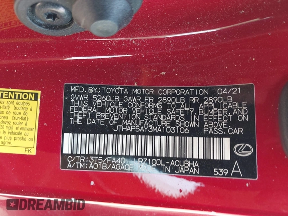 2021 Lexus LC 500h с VIN JTHAP5AY3MA103106, выставлен на аукционе IAAI как лот 42149070 с пробегом 51 152 миль миль и . История ставок и продаж доступна на DreamBid. Изображение 9.