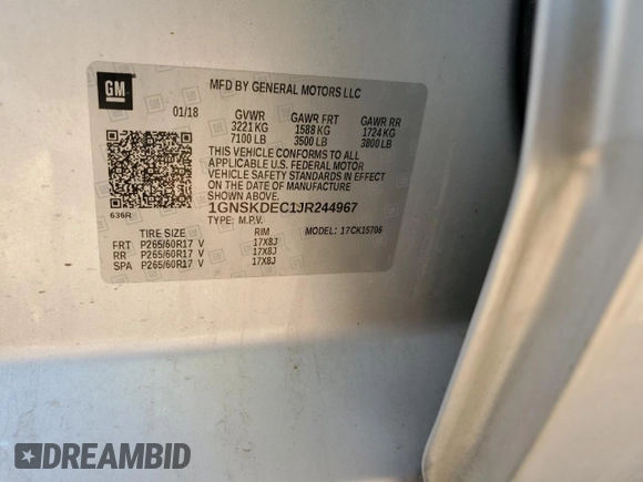 2018 Chevrolet Tahoe Commercial with VIN 1GNSKDEC1JR244967, listed as a Copart auction lot 61610225 with 77,377 mi miles and Clean title. Bid and sale history available at DreamBid. Image 13.