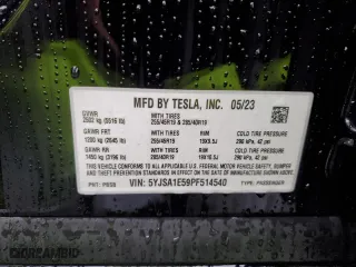 2023 Tesla Model S with VIN 5YJSA1E59PF514540, listed as a Copart auction lot 45308895 with 24,165 mi miles and Salvage Title. Bid and sale history available at carsss.com. Image 14.