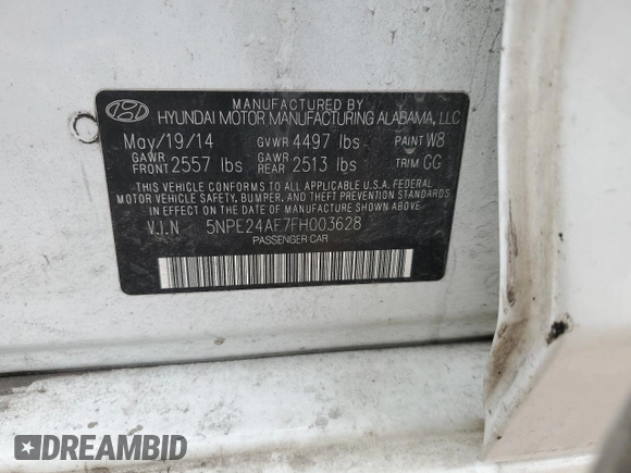 2015 Hyundai Sonata SE with VIN 5NPE24AF7FH003628, listed as a Copart auction lot 45699755 with 196,522 mi miles and Salvage Title. Bid and sale history available at DreamBid. Image 12.