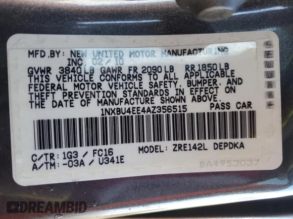 2010 Toyota Corolla with VIN 1NXBU4EE4AZ356515, listed as a Copart auction lot 44999405 with 140,790 mi miles and Non Repairable. Bid and sale history available at carsss.com. Image 12.