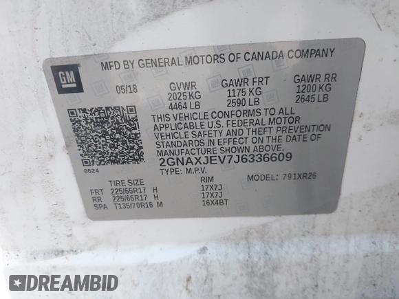 2018 Chevrolet Equinox LT with VIN 2GNAXJEV7J6336609, listed as a IAAI auction lot 42461214 with 125,550 mi miles and . Bid and sale history available at DreamBid. Image 9.