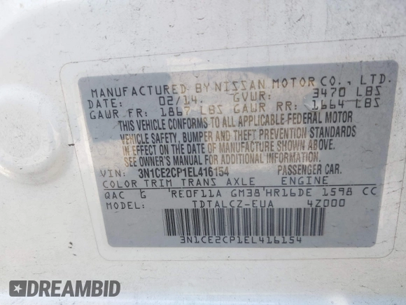2014 Nissan Note SV with VIN 3N1CE2CP1EL416154, listed as a IAAI auction lot 41978092 with 127,164 mi miles and . Bid and sale history available at DreamBid. Image 9.