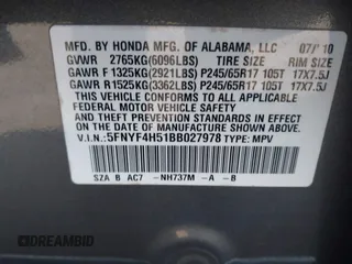 2011 Honda Pilot EX-L with VIN 5FNYF4H51BB027978, listed as a IAAI auction lot 41721429 with 111,281 mi miles. Bid and sale history available at carsss.com. Image 9.