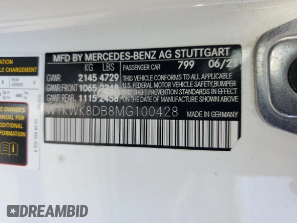 2021 Mercedes-Benz C 300 with VIN W1KWK8DB8MG100428, listed as a Copart auction lot 60537275 with 35,917 mi miles and Salvage title. Bid and sale history available at DreamBid. Image 13.