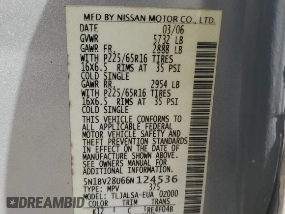 2006 Nissan Quest SL with VIN 5N1BV28U66N124536, listed as a Copart auction lot 79273664 with 0 mi miles and Salvage Title. Bid and sale history available at carsss.com. Image 15.