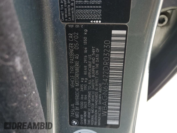 2002 BMW 7 Series 745Li with VIN WBAGN63422DR03230, listed as a Copart auction lot 47386325 with 187,235 mi miles and Salvage Title. Bid and sale history available at carsss.com. Image 12.