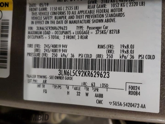 2019 Lincoln MKZ Reserve I with VIN 3LN6L5C92KR629623, listed as a Copart auction lot 51286105 with 59,295 mi miles and Salvage title. Bid and sale history available at DreamBid. Image 13.