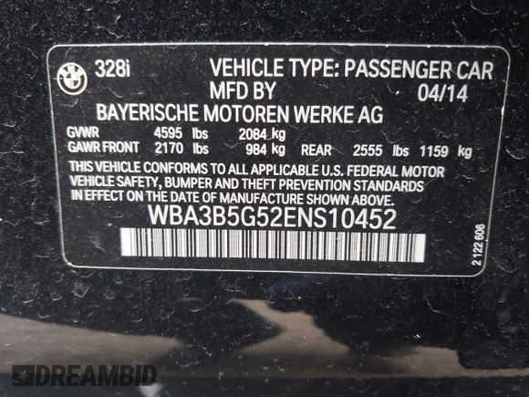 2014 BMW 3 Series 328i xDrive with VIN WBA3B5G52ENS10452, listed as a IAAI auction lot 41940823 with 177,830 mi miles. Bid and sale history available at carsss.com. Image 9.