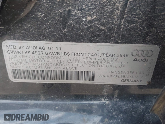 2011 Audi A4 Premium z VIN WAUBFAFL9BN039252, wystawiony jako IAAI lot #41352423 z przebiegiem 153 083 mil mil oraz . Historia ofert i sprzedaży dostępna na DreamBid. Obrazek 9.