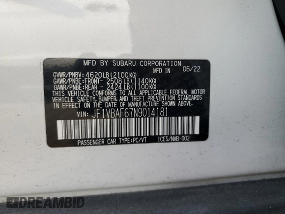 2022 Subaru WRX Premium with VIN JF1VBAF67N9014181, listed as a Copart auction lot 60306545 with 29,597 mi miles and Salvage title. Bid and sale history available at DreamBid. Image 12.