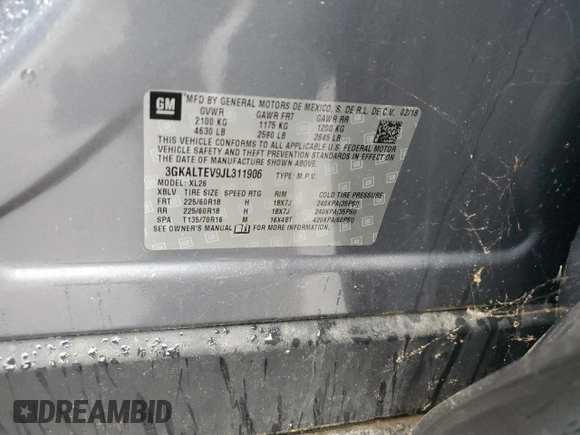 2018 GMC Terrain SLE z VIN 3GKALTEV9JL311906, wystawiony jako Copart lot #52037335 z przebiegiem Nie podano mil oraz Tytuł czysty. Historia ofert i sprzedaży dostępna na DreamBid. Obrazek 13.