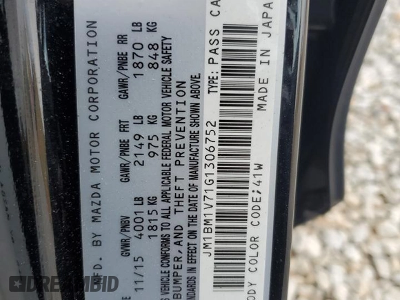 2016 Mazda 3 i Touring with VIN JM1BM1V71G1306752, listed as a Copart auction lot 47790875 with 106,727 mi miles and Salvage Title. Bid and sale history available at carsss.com. Image 12.