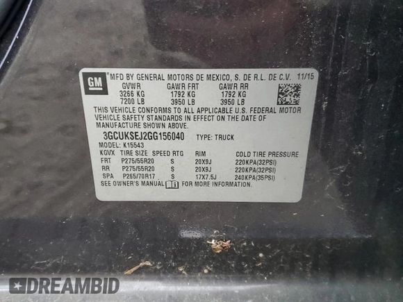 2016 Chevrolet Silverado 1500 LTZ with VIN 3GCUKSEJ2GG156040, listed as a Copart auction lot 83831464 with Not Provided miles and Salvage Title. Bid and sale history available at DreamBid. Image 13.