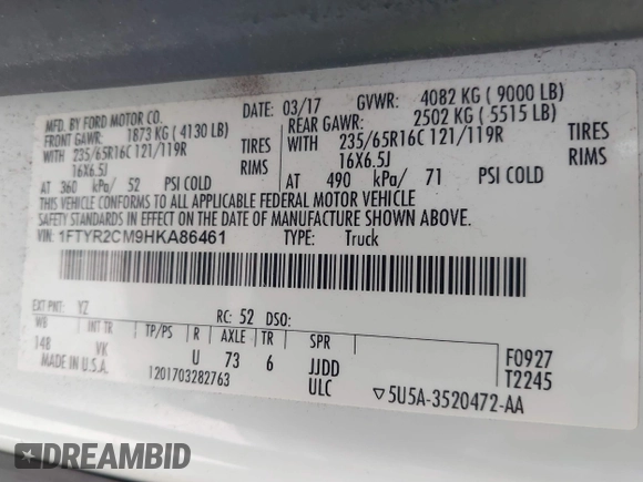 2017 Ford Transit с VIN 1FTYR2CM9HKA86461, выставлен на аукционе IAAI как лот 41883810 с пробегом 132 044 миль миль и . История ставок и продаж доступна на DreamBid. Изображение 9.