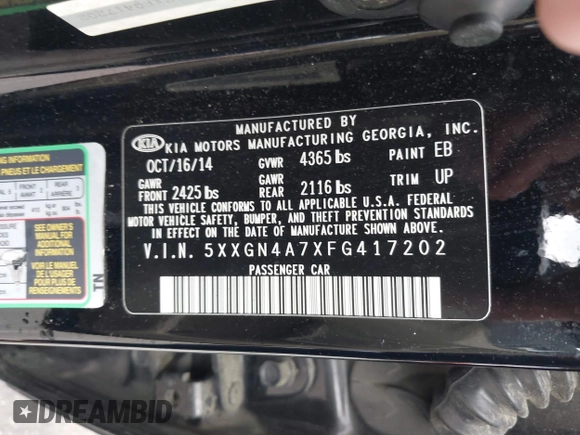 2015 Kia Optima EX с VIN 5XXGN4A7XFG417202, выставлен на аукционе IAAI как лот 42384510 с пробегом 175 888 миль миль и . История ставок и продаж доступна на DreamBid. Изображение 9.