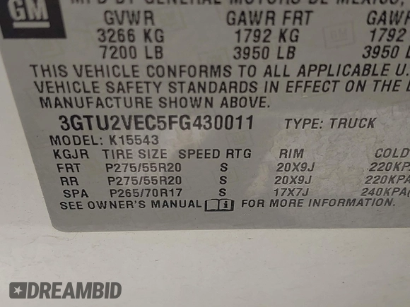 2015 GMC Sierra 1500 SLT with VIN 3GTU2VEC5FG430011, listed as a IAAI auction lot 41951399 with 277,582 mi miles and . Bid and sale history available at DreamBid. Image 9.