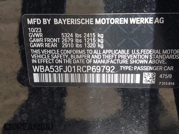 2024 BMW 5 Series 530i xDrive with VIN WBA53FJ01RCP69792, listed as a IAAI auction lot 42240736 with Not provided miles and . Bid and sale history available at DreamBid. Image 9.