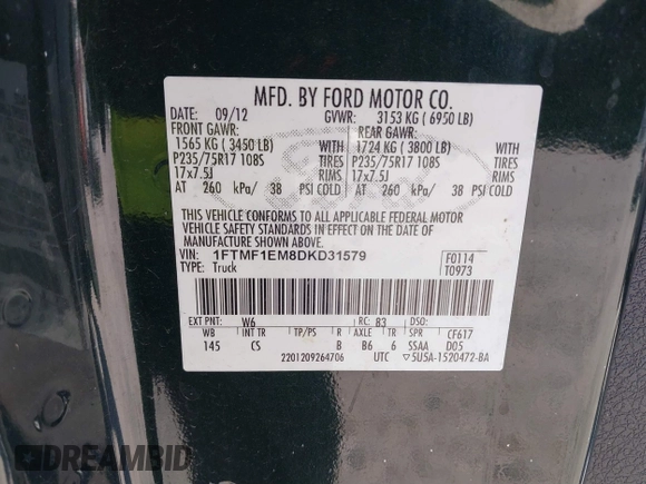 2013 Ford F-150 XL with VIN 1FTMF1EM8DKD31579, listed as a IAAI auction lot 41412416 with 147,500 mi miles. Bid and sale history available at carsss.com. Image 9.