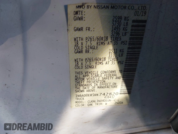 2019 Nissan Frontier SV z VIN 1N6AD0ER5KN742820, wystawiony jako IAAI lot #41358587 z przebiegiem 106 829 mil mil oraz . Historia ofert i sprzedaży dostępna na DreamBid. Obrazek 9.
