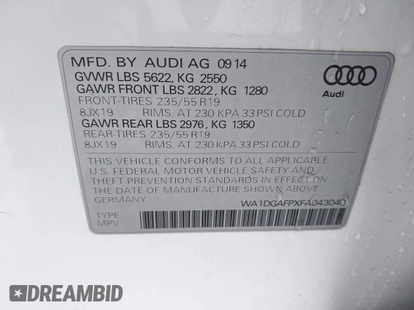 2015 Audi Q5 Premium Plus with VIN WA1DGAFPXFA043040, listed as a IAAI auction lot 41773280 with 103,168 mi miles. Bid and sale history available at carsss.com. Image 9.
