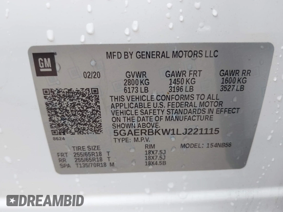 2020 Buick Enclave Essence with VIN 5GAERBKW1LJ221115, listed as a IAAI auction lot 41866689 with 101,635 mi miles. Bid and sale history available at carsss.com. Image 9.