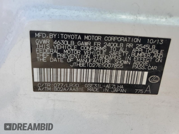2014 Lexus IS 350 z VIN JTHBE1D27E5007855, wystawiony jako Copart lot #56554924 z przebiegiem Nie podano mil oraz Nie do naprawy • Non repairable. Historia ofert i sprzedaży dostępna na DreamBid. Obrazek 12.
