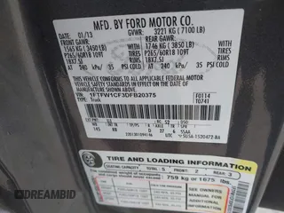 2013 Ford F-150 XL with VIN 1FTFW1CF3DFB20375, listed as a IAAI auction lot 41618480 with 130,192 mi miles and . Bid and sale history available at DreamBid. Image 9.