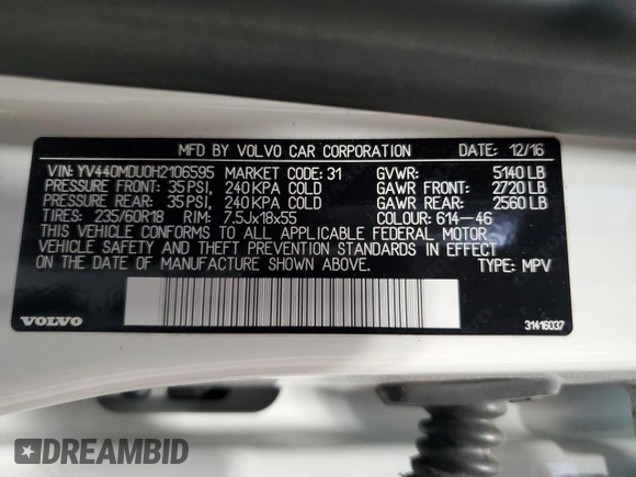 2017 Volvo XC60 Inscription с VIN YV440MDU0H2106595, выставлен на аукционе Copart как лот 50611615 с пробегом 71 061 миль миль и Списание • Salvage title. История ставок и продаж доступна на DreamBid. Изображение 13.