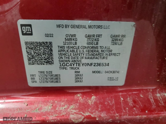 2022 Chevrolet Silverado 3500HD LT with VIN 1GC4YTEY0NF236534, listed as a Copart auction lot 83313874 with 35,678 mi miles and Salvage Title. Bid and sale history available at carsss.com. Image 12.