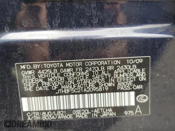 2010 Lexus IS 250 z VIN JTHBF5C21A2095819, wystawiony jako Copart lot #56145095 z przebiegiem 123 172 mil mil oraz Szkoda całkowita • Salvage title. Historia ofert i sprzedaży dostępna na DreamBid. Obrazek 12.