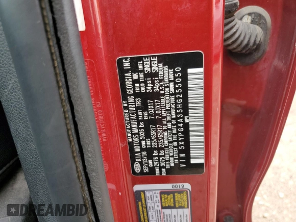2017 Kia Sorento LX with VIN 5XYPG4A35HG255050, listed as a Copart auction lot 55180555 with Not Provided miles and Clean Title. Bid and sale history available at carsss.com. Image 13.
