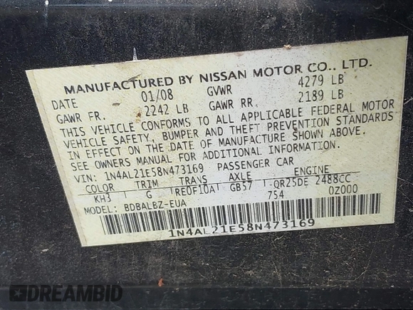 2008 Nissan Altima SL with VIN 1N4AL21E58N473169, listed as a IAAI auction lot 42083734 with 230,911 mi miles and . Bid and sale history available at DreamBid. Image 9.