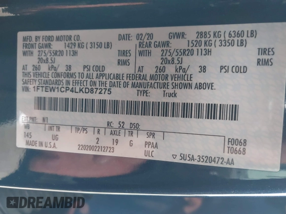 2020 Ford F-150 XL with VIN 1FTEW1CP4LKD87275, listed as a IAAI auction lot 41627193 with 40,932 mi miles. Bid and sale history available at carsss.com. Image 9.