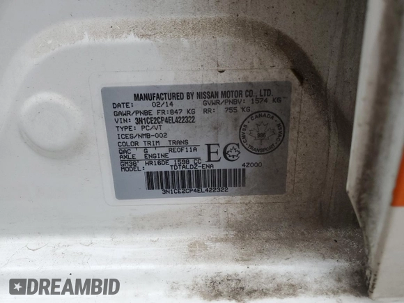 2014 Nissan Note S with VIN 3N1CE2CP4EL422322, listed as a Copart auction lot 53953245 with 132,073 mi miles and Clean Title. Bid and sale history available at DreamBid. Image 12.